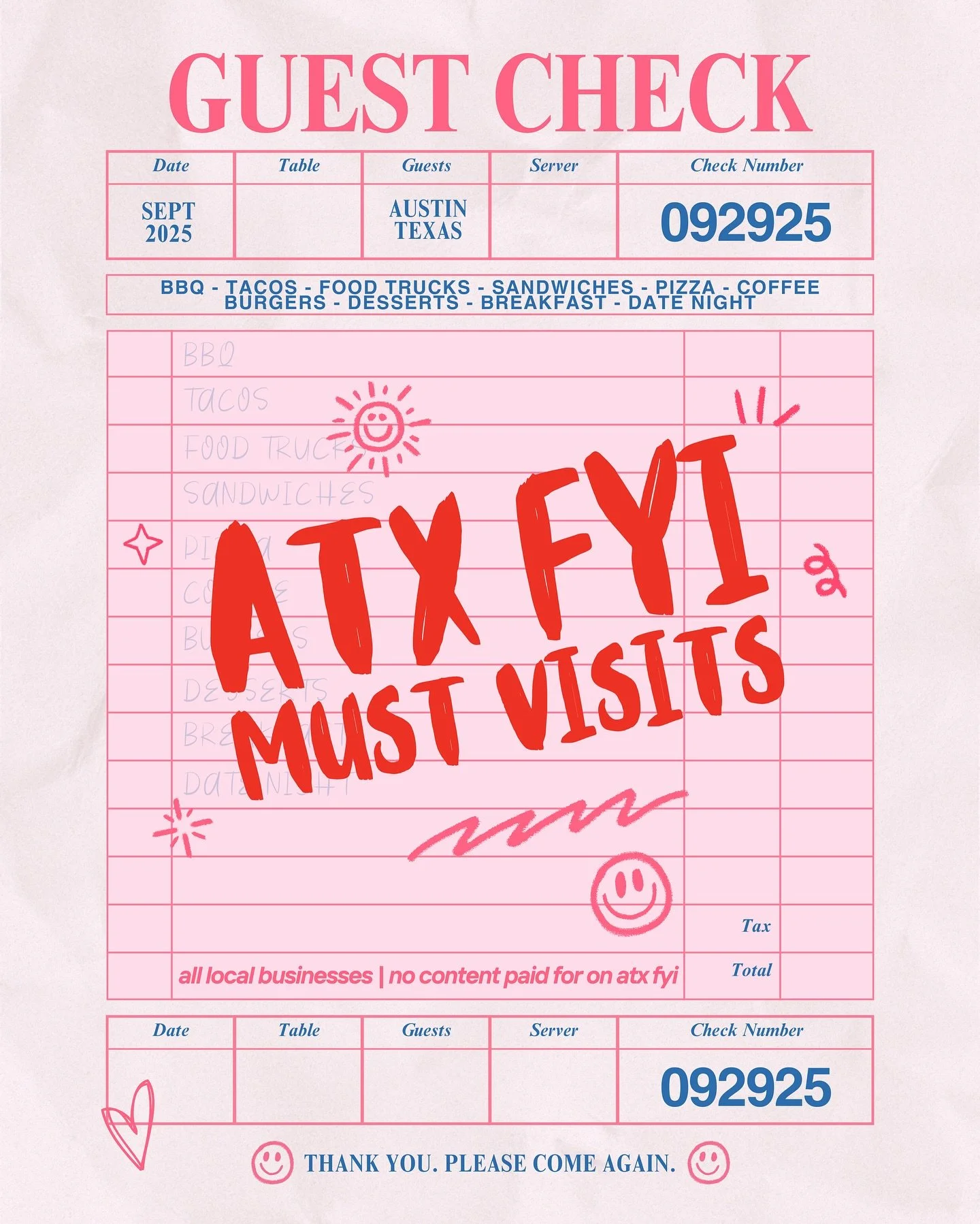 ✨ my must-visits in austin! ✨

it&rsquo;s been a while since I&rsquo;ve shared one of these, so here are some of my favorite local spots right now:

🍖 bbq
🌮 tacos
🚚 food trucks
🥪 sandwiches
🍕 pizza
☕ coffee
🍔 burgers
🍰 desserts
🥞 breakfast
🍷