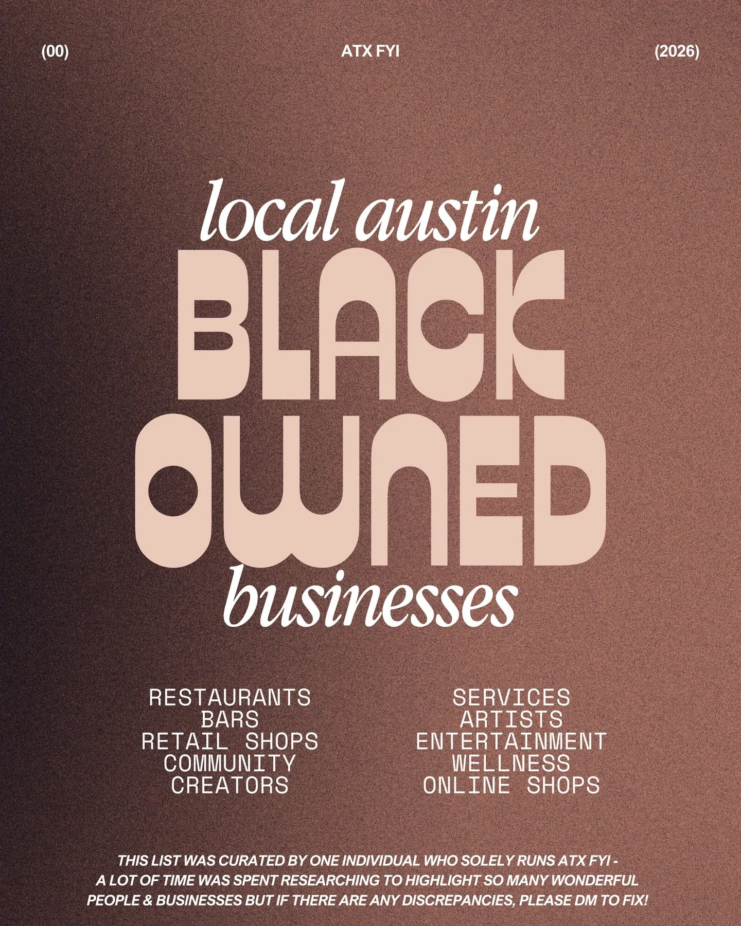 300+ austin black-owned businesses. 🤎 
updated yearly since 2020. 

restaurants. therapists. bookstores. artists. wellness. legal. tailors. creators. shops + more.

this started as a black history month resource, but it&rsquo;s been a year-round dir