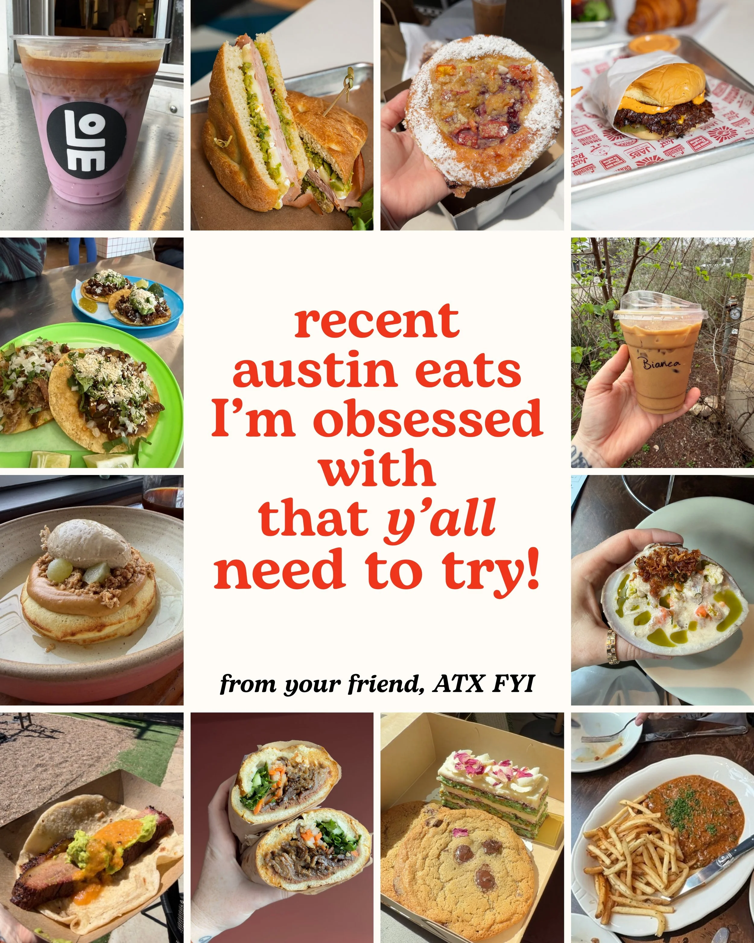 howdy friends 🤠 here are some recent austin eats I cannot stop thinking about.

a little sweet, a little savory, a little coffee, a little &ldquo;okay wait I need to share this with my friends.&rdquo;

save this for the next time you&rsquo;re hungry