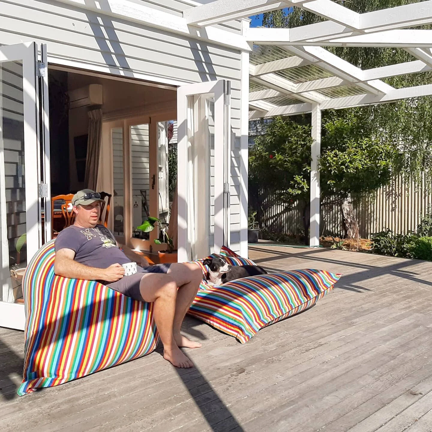 Spending a relaxed sunday morning with coffee &amp; crepes lounging in our @squeal.nz bean bags... we love them! ❤