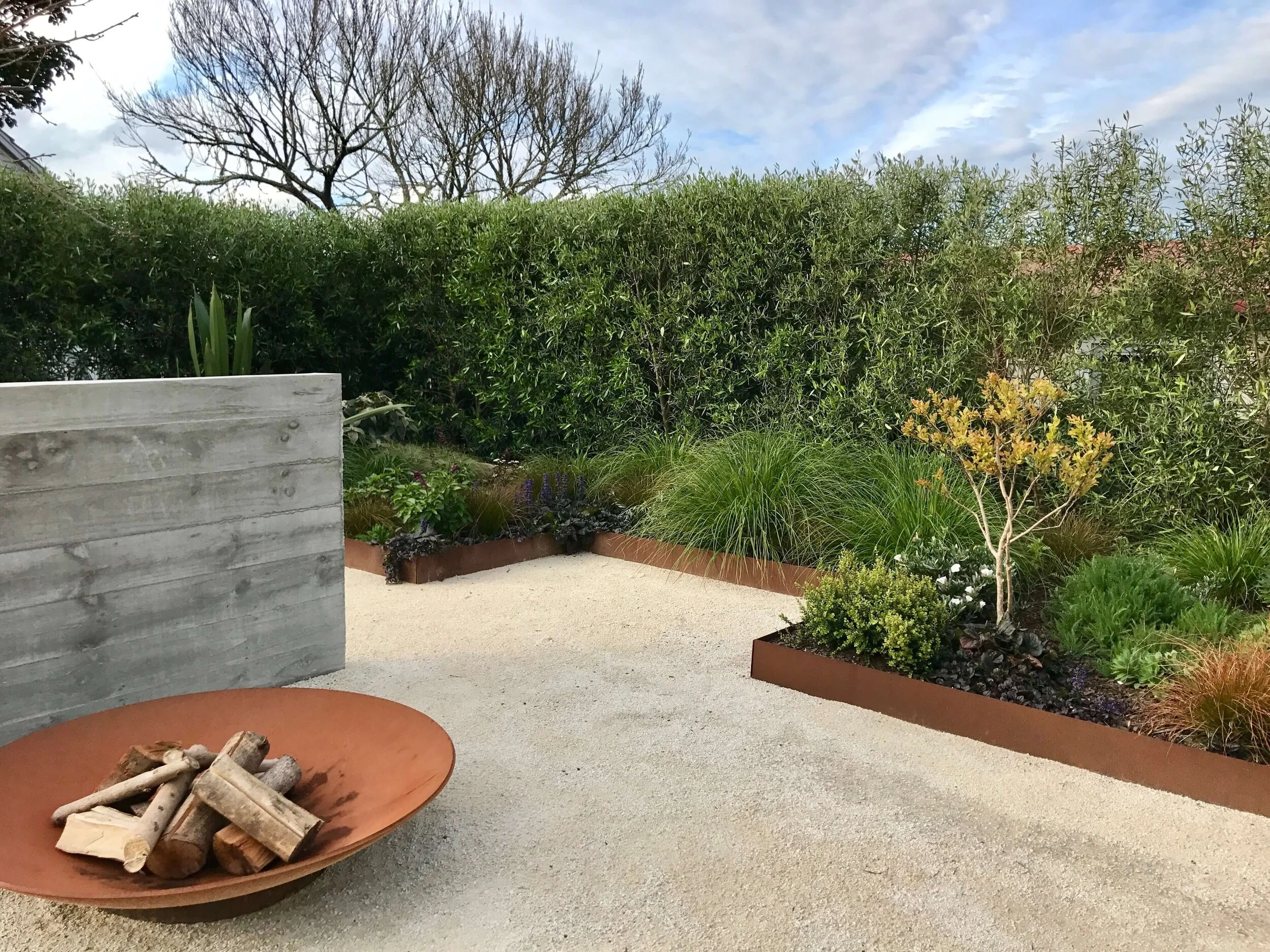 A fire pit extends the use of the area into the night.