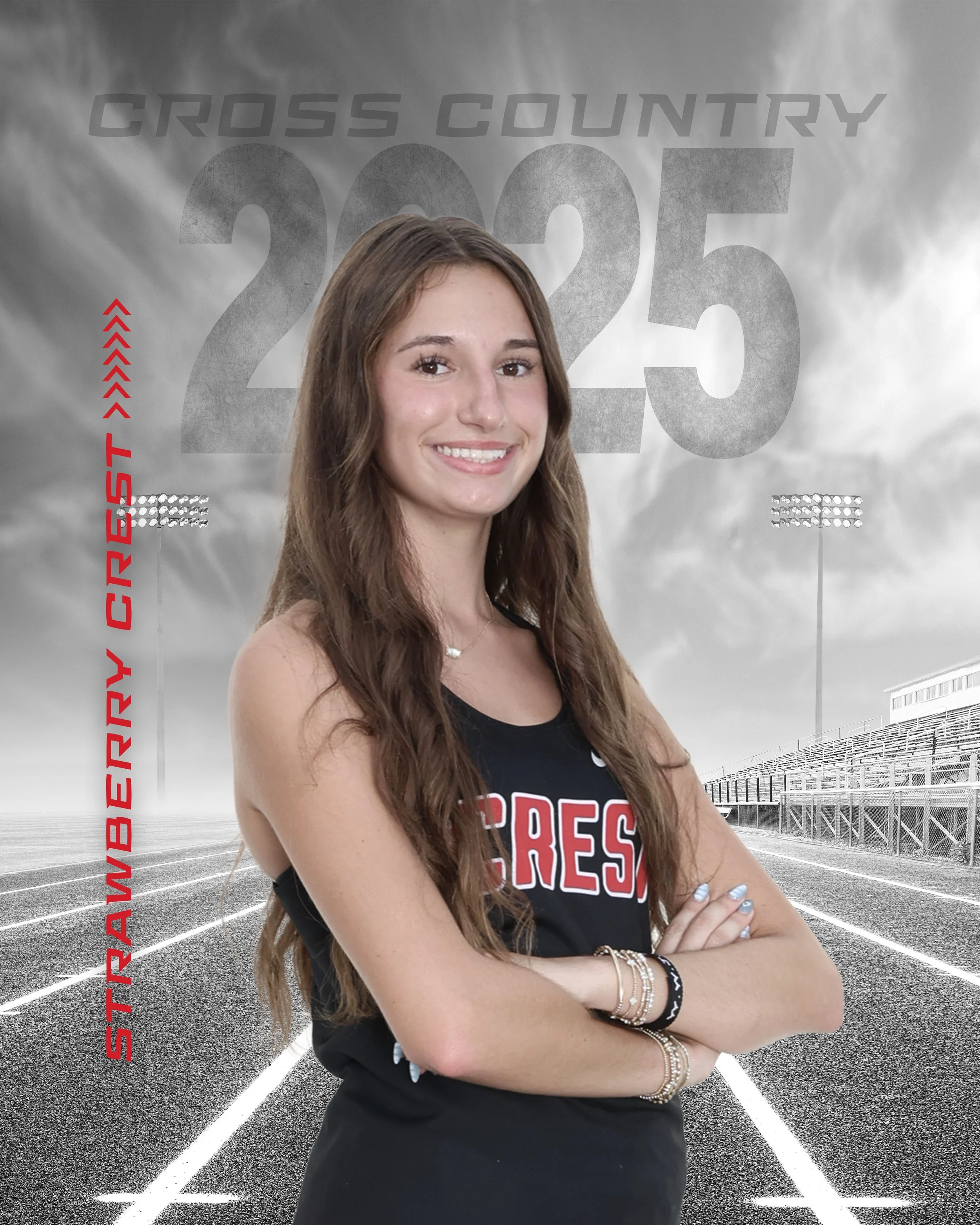 High school cross country runner posing for a creative senior sports portrait with a track-themed background during a Florida photography session.
