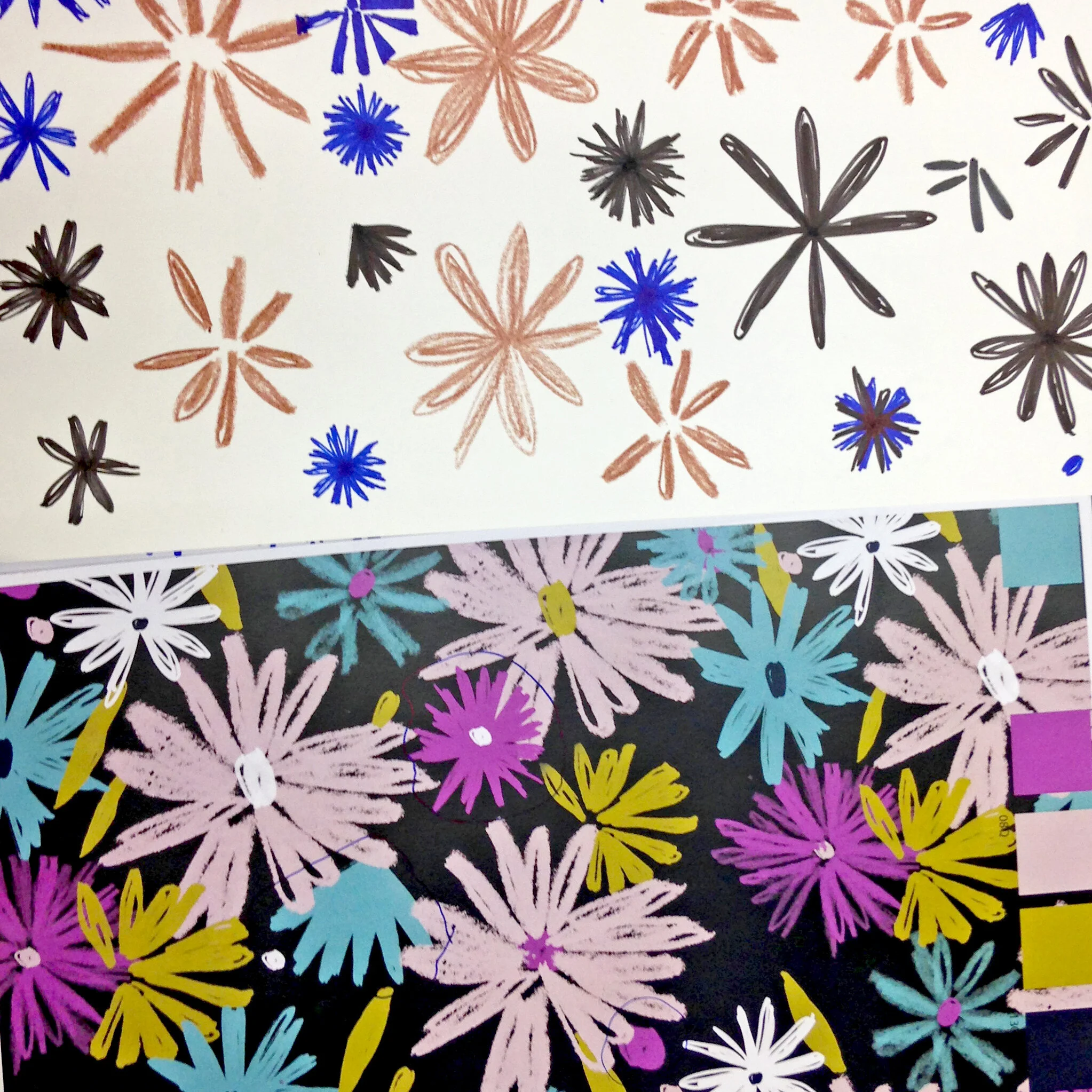 WORK IN PROGRESS: from simple sketches experimenting with textures of pens and markers, to a photoshop rendering adding colors from the collection!