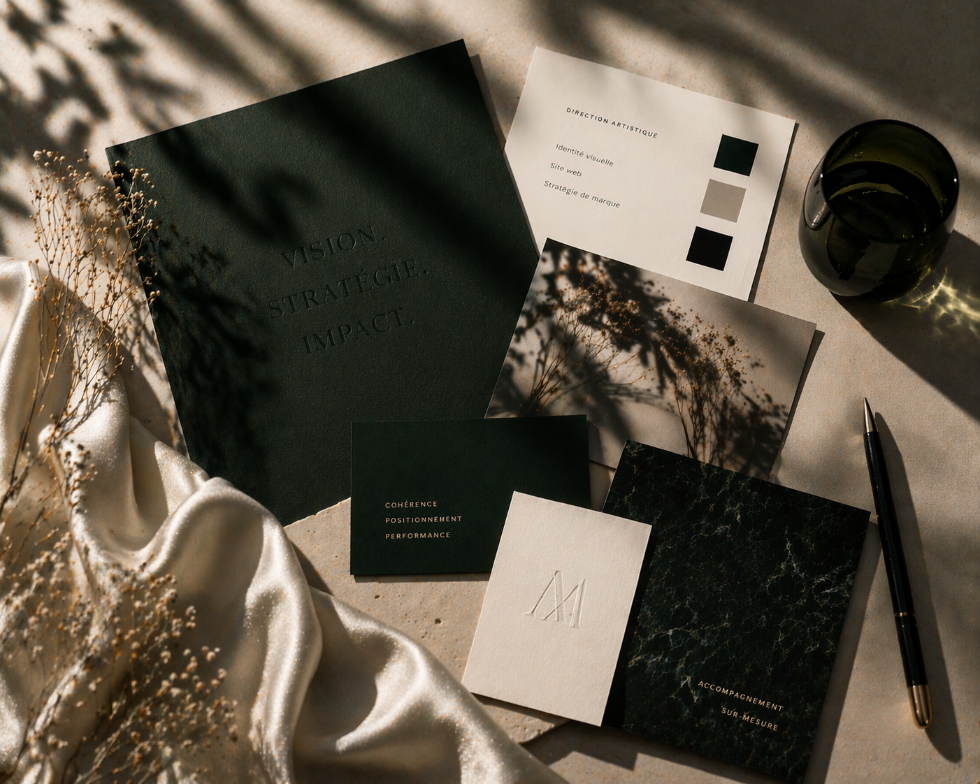Documents et objets de travail posés sur une surface, avec une lumière douce et des ombres. Inclut un cahier noir avec les mots 'VISION, STRATÉGIE, IMPACT', une carte de présentation, un petit carton vert avec des mots, une carte blanche avec une initiale, un verre sombre, un stylo, et un tissu satiné.
