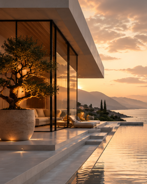 Vue d'une maison moderne avec une terrasse avec mobilier, près d'une piscine, face à un coucher de soleil sur la mer et des montagnes en arrière-plan.