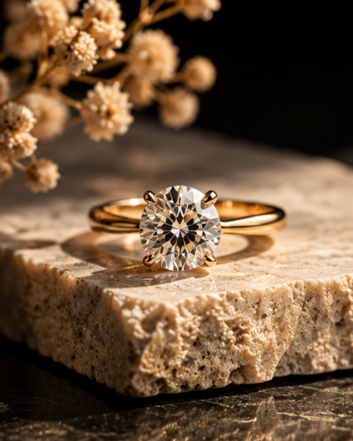 Bague avec un diamant solitaire posée sur une pierre, avec des fleurs séchées en arrière-plan.