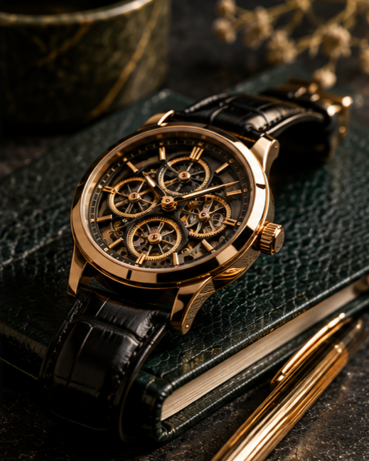 Une montre de luxe avec un cadran squelette en or et un bracelet en cuir noir, posée sur un livre vert avec une fleur en arrière-plan.