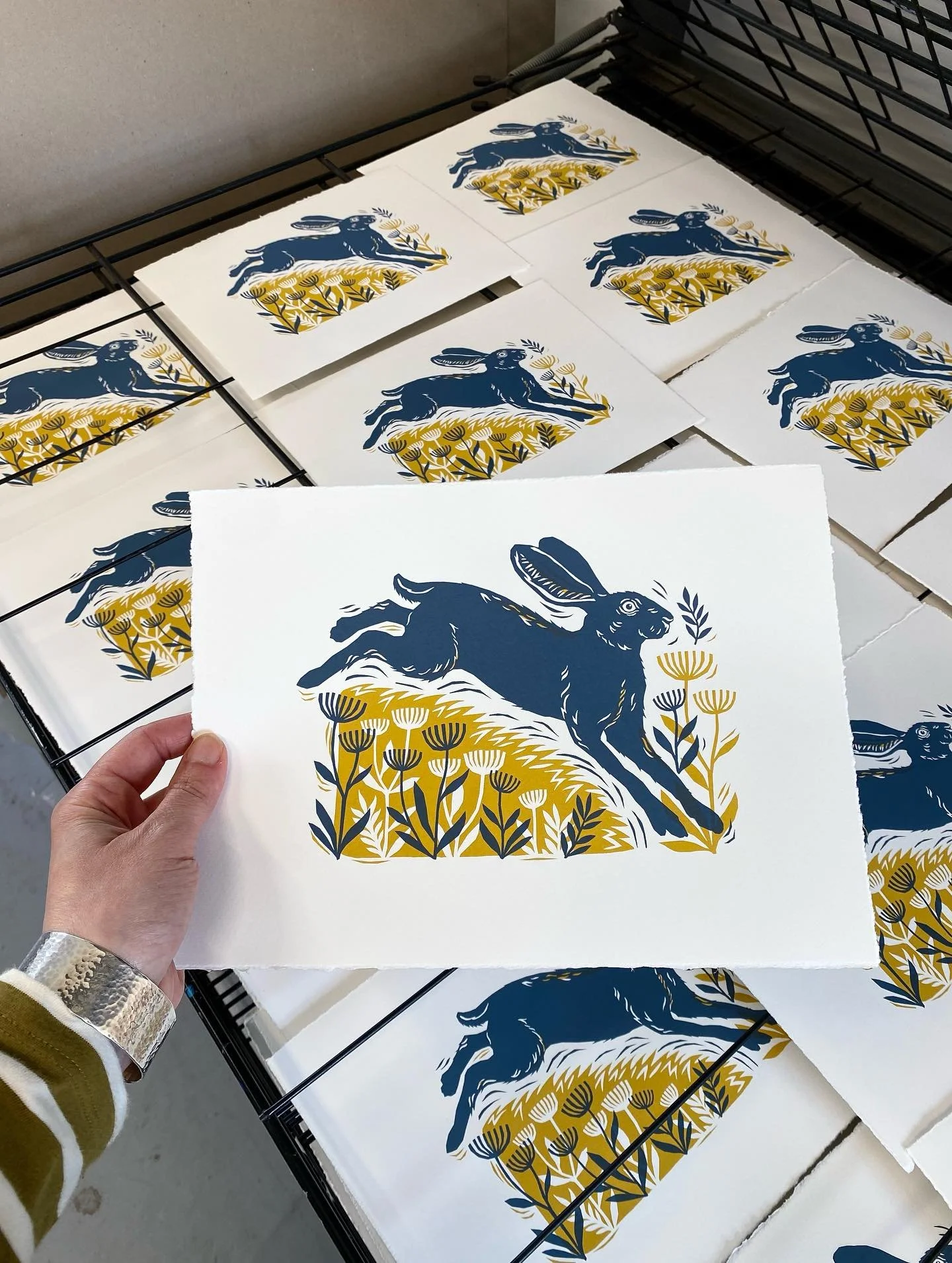 We&rsquo;ve been screen printing our new little hare today! It was much cooler in the studio so we avoided a repeat of yesterday&rsquo;s sticky ink disaster 😆 We&rsquo;ve chosen a warm slate blue and a mustard yellow for this little fella and we thi