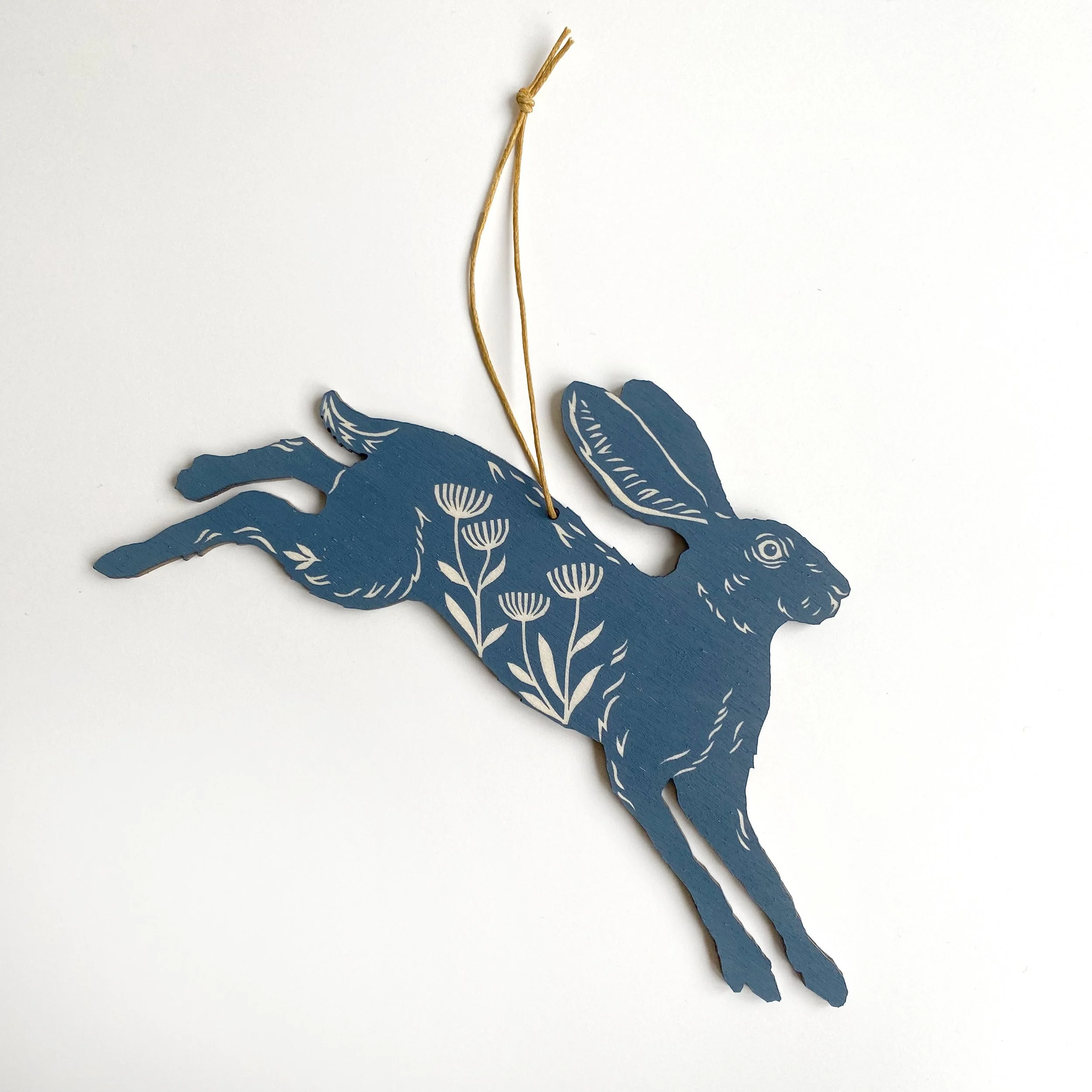 Screenprinted Wooden Decoration - Leaping Hare - Cornflower Blue