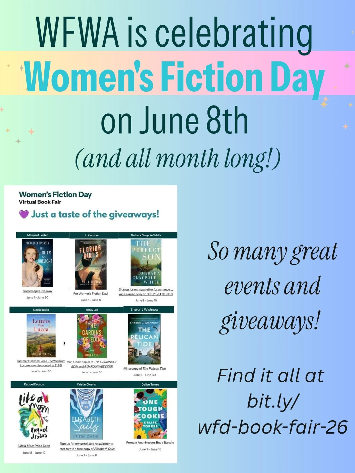 Today is Women&rsquo;s Fiction Day, and women&rsquo;s fiction authors are thrilled to celebrate! 

WFWA @womensfictionwriters association is extending the celebration (all month) so our readers can benefit from giveaways and events all month long 😁
