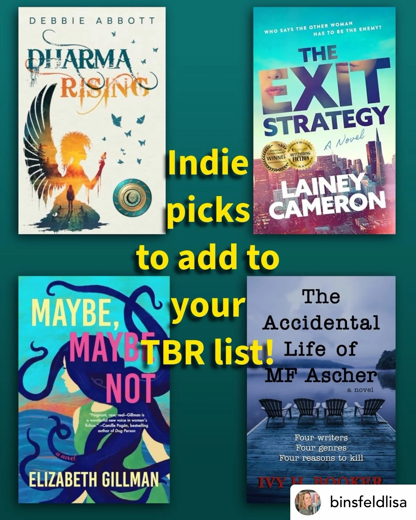 Thanks so much @binsfeldlisa for reading The Exit Strategy and for recommending three more awesome indie novels! I put a little about each one in the following images if you&rsquo;re looking for great new reads!

Also, sure to follow Lisa&rsquo;s own