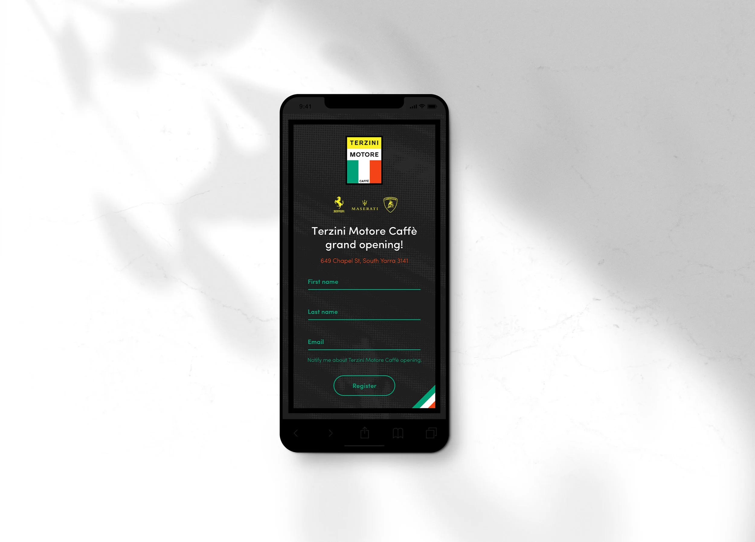 Mobile and desktop front page design for Terzini Motore Caffè, suggesting speed, elegance and 'passione'.