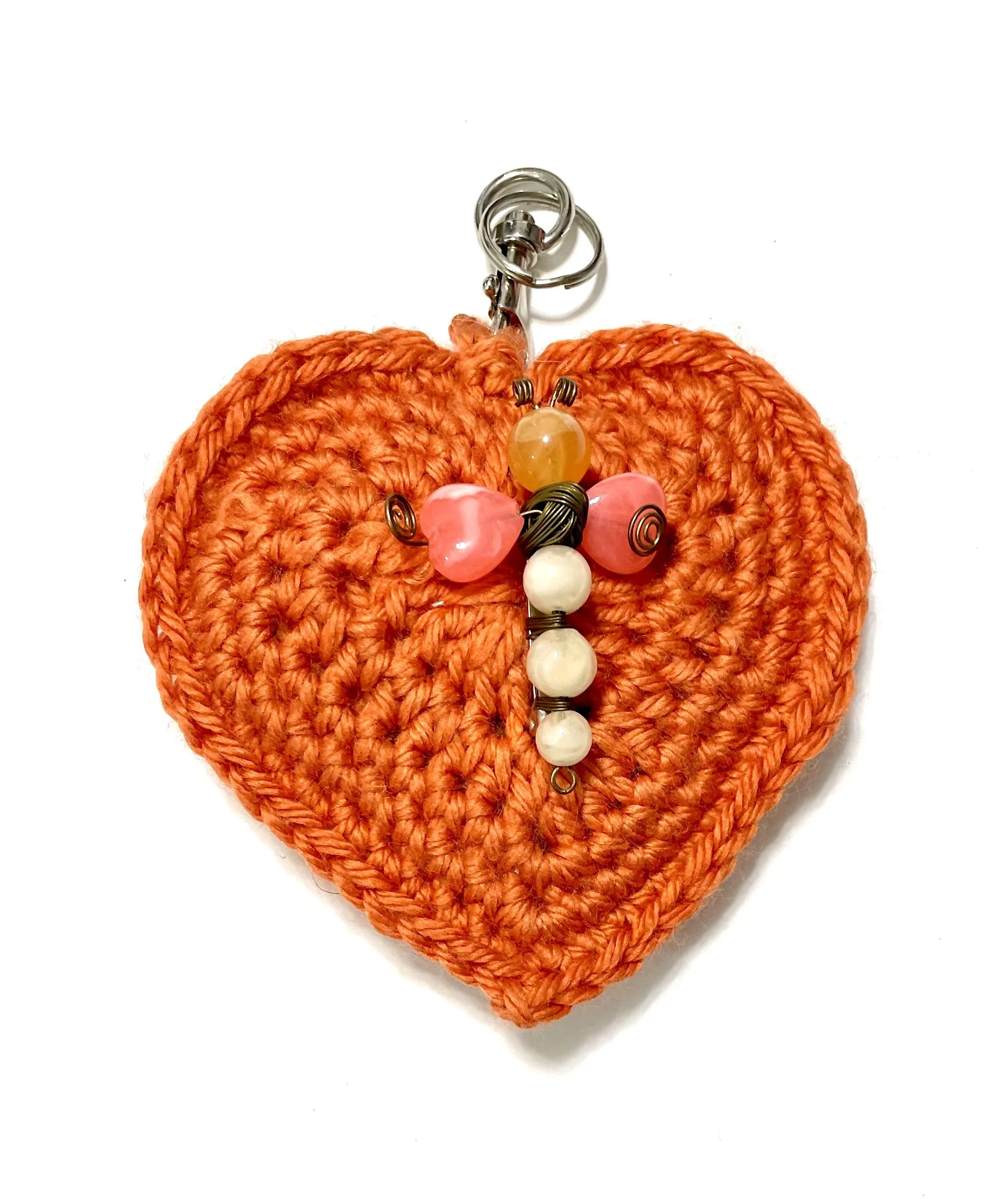 Orange Crochet Plush Heart Keychain/Decor with Butterfly Brooch