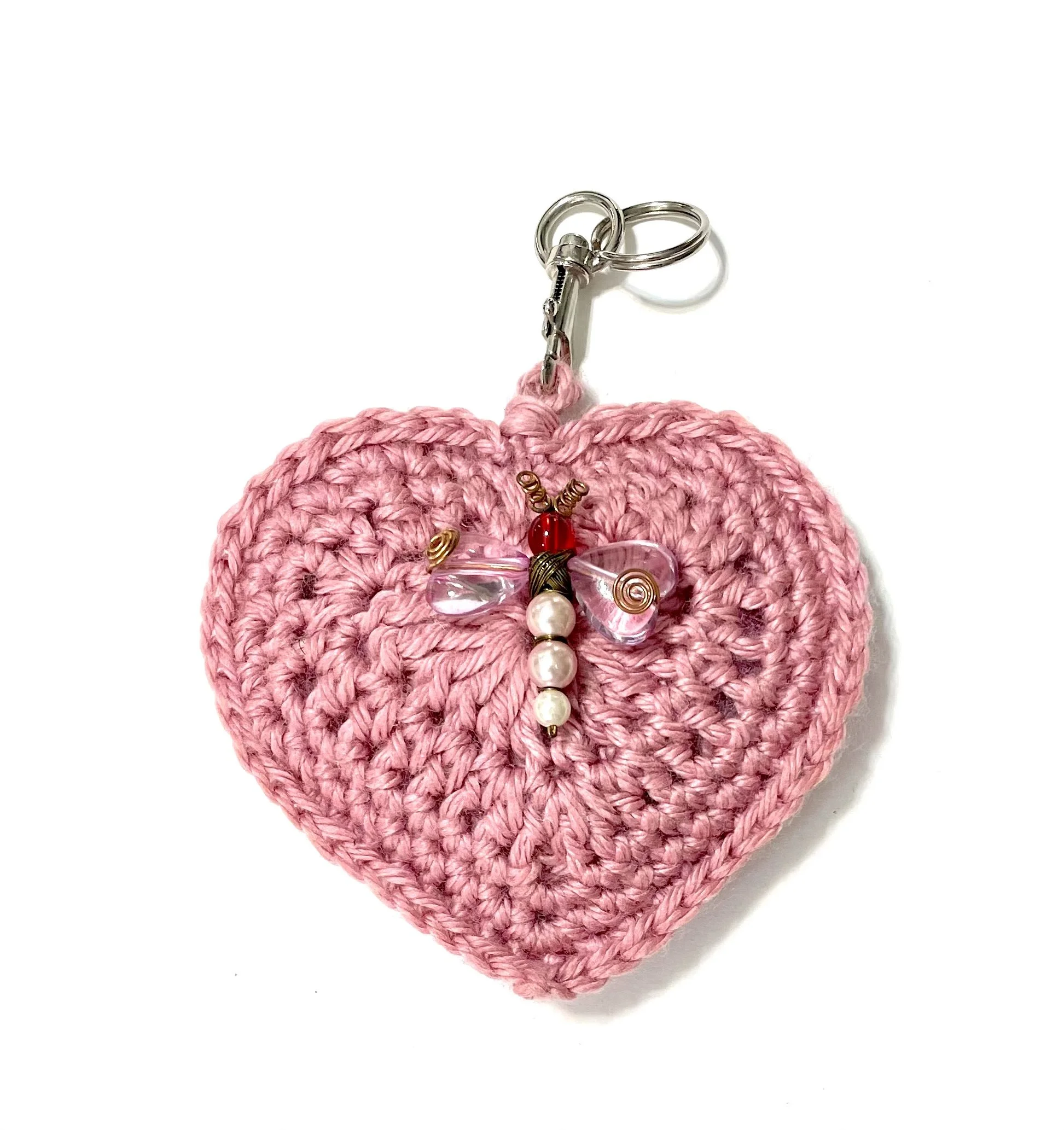 Pink Crochet Plush Heart Keychain/Decor with Butterfly Brooch