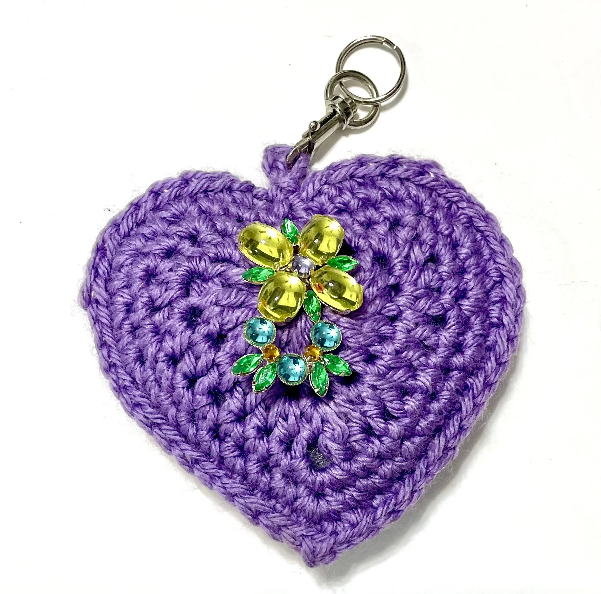 Purple Crochet Plush Heart Keychain/Decor with flower Brooch