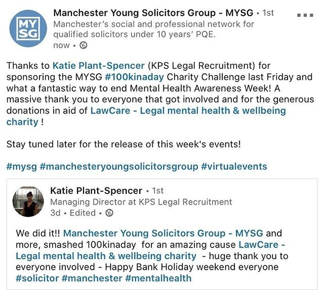 A massive thank you to everyone that got involved in Friday&rsquo;s #100kinaday Charity Challenge, raising money for @lawcare and kindly sponsored by @kpslegal! What a fantastic way to end Mental Health Awareness Week 💙!
.
Stay tuned later for the r