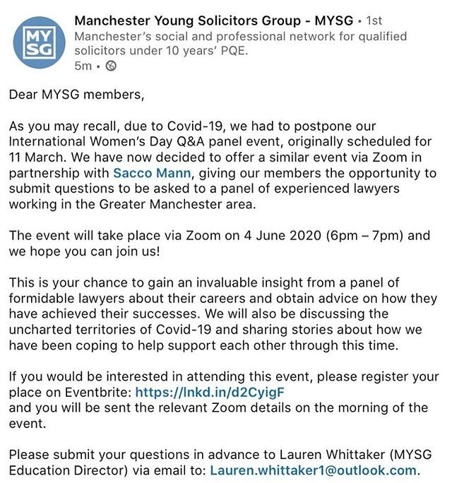 Looking for to our rescheduled Women in Law event this Thursday evening in partnership with @sacco_mann - link in bio for tickets 👩🏾&zwj;⚖️👩🏼&zwj;⚖️.
.
.
#mysg #womeninlaw #saccomann #virtualevents