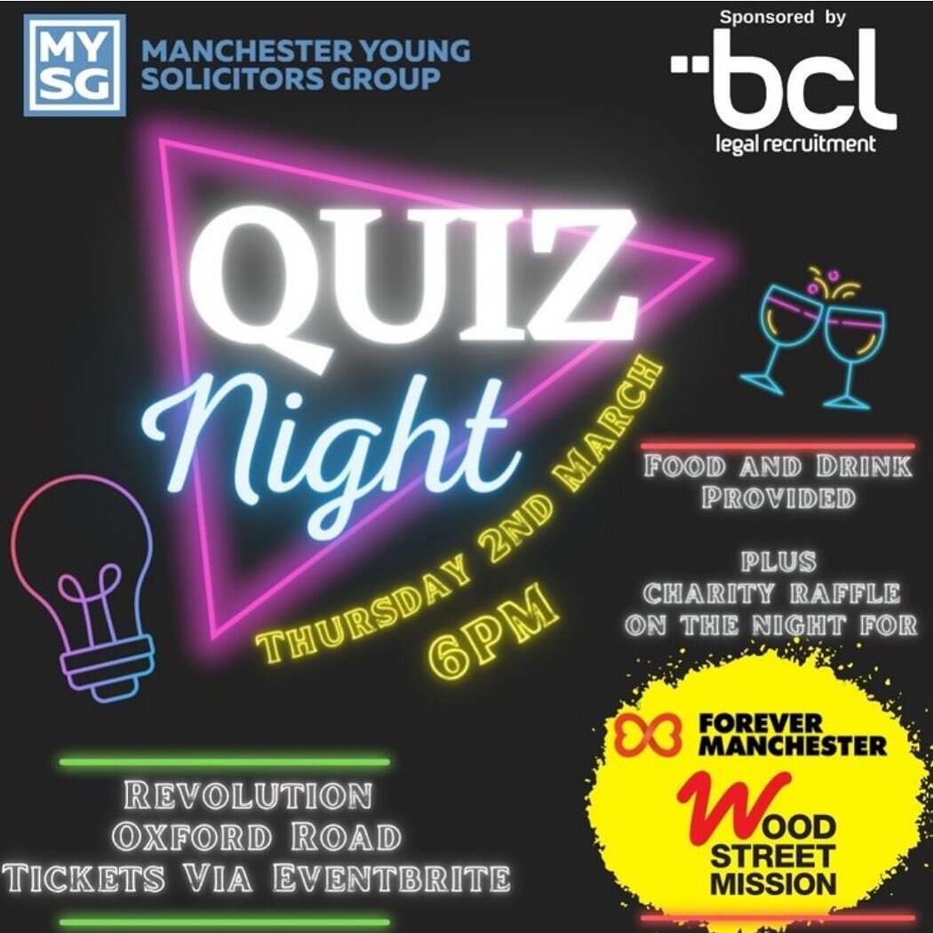 We are delighted to welcome you to join MYSG at a Charity Quiz Night at Revolution on Oxford Road on Thursday 2nd March to raise funds for the MYSG nominated charities, @woodstreetmission and @4evermanchester 🥳🥳

This event is very kindly sponsored