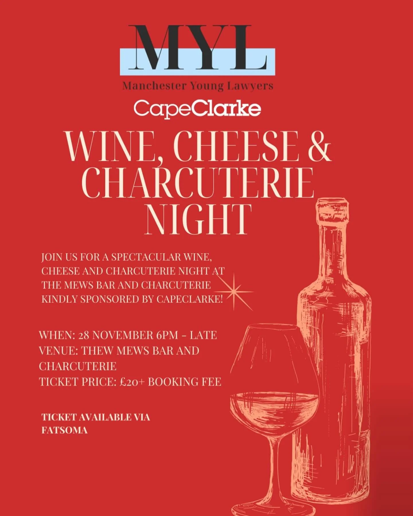 We are excited to announce our next social event to kick-start the festive season, kindly sponsored by @capeclarke_legal - a Wine, Cheese and Charcuterie Night at The Mews, Deansgate on Thursday 28 November 🎄 🍷 
 
For those who are lovers of cheese