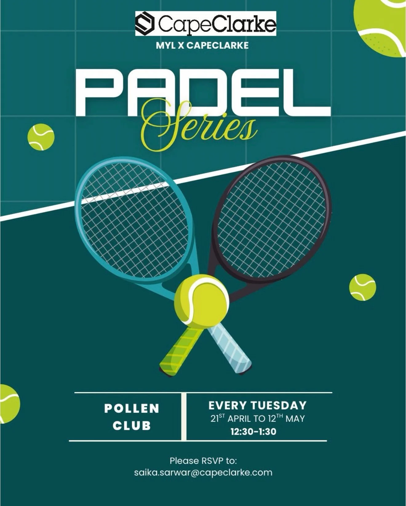 Our free month of panel sponsored by @capeclarke_legal 🎾 CONTINUES!! 

After a very successful launch this week, we are so looking forward to our next free lunchtime Padel session on 28 April 2026 12:30-13:30! 

Join us over at @pollenclubpadel wher