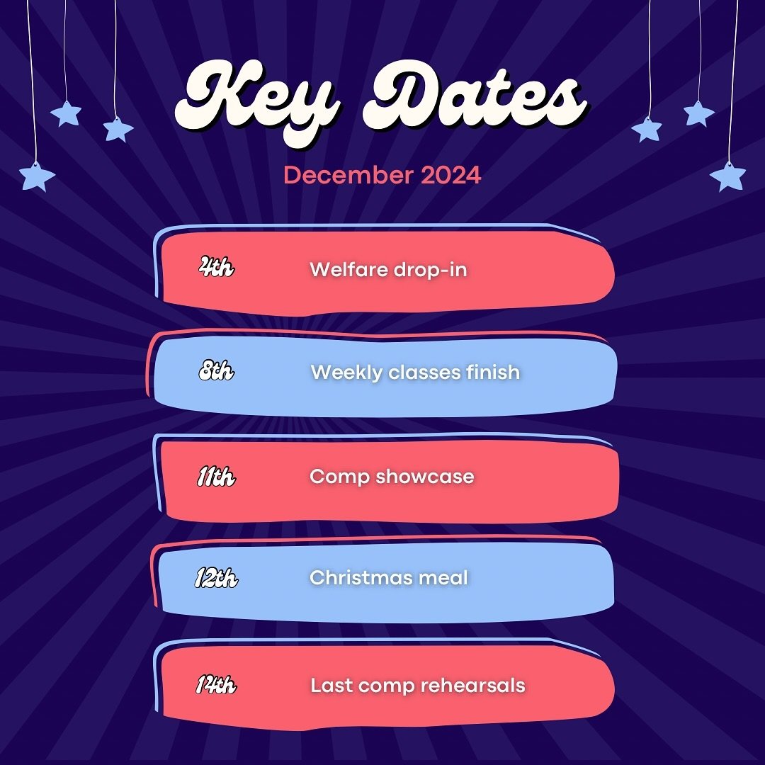 📆 KEY DATES FOR DECEMBER 📆
Here is your list of key dates for this month as it&rsquo;s officially the last time to update those #dancediaries this year 🥰
 
4th 🌟 This Wednesday, there will be a welfare drop-in with Phoebe at Coffee Traders betwee