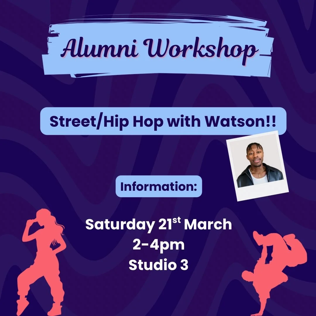 This Saturday 21st March, Watson will be joining us for a workshop! 

2-4pm in Studio 3!! 

We know this is the week after the show but it would be a great last class before everyone heads home for easter 🐣 

(choreo is said to be taught in a London