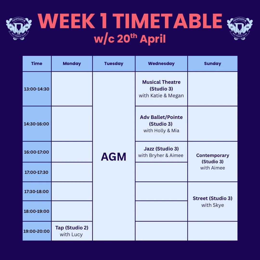 WEEK 1 CLASS TIMETABLE FOR THIS SEMESTER!! 

Here are all the classes we&rsquo;re putting on for the w/c 20th April (next week)! There will be changes each week so the following weeks will be posted at a later date. We can&rsquo;t wait to get dancing