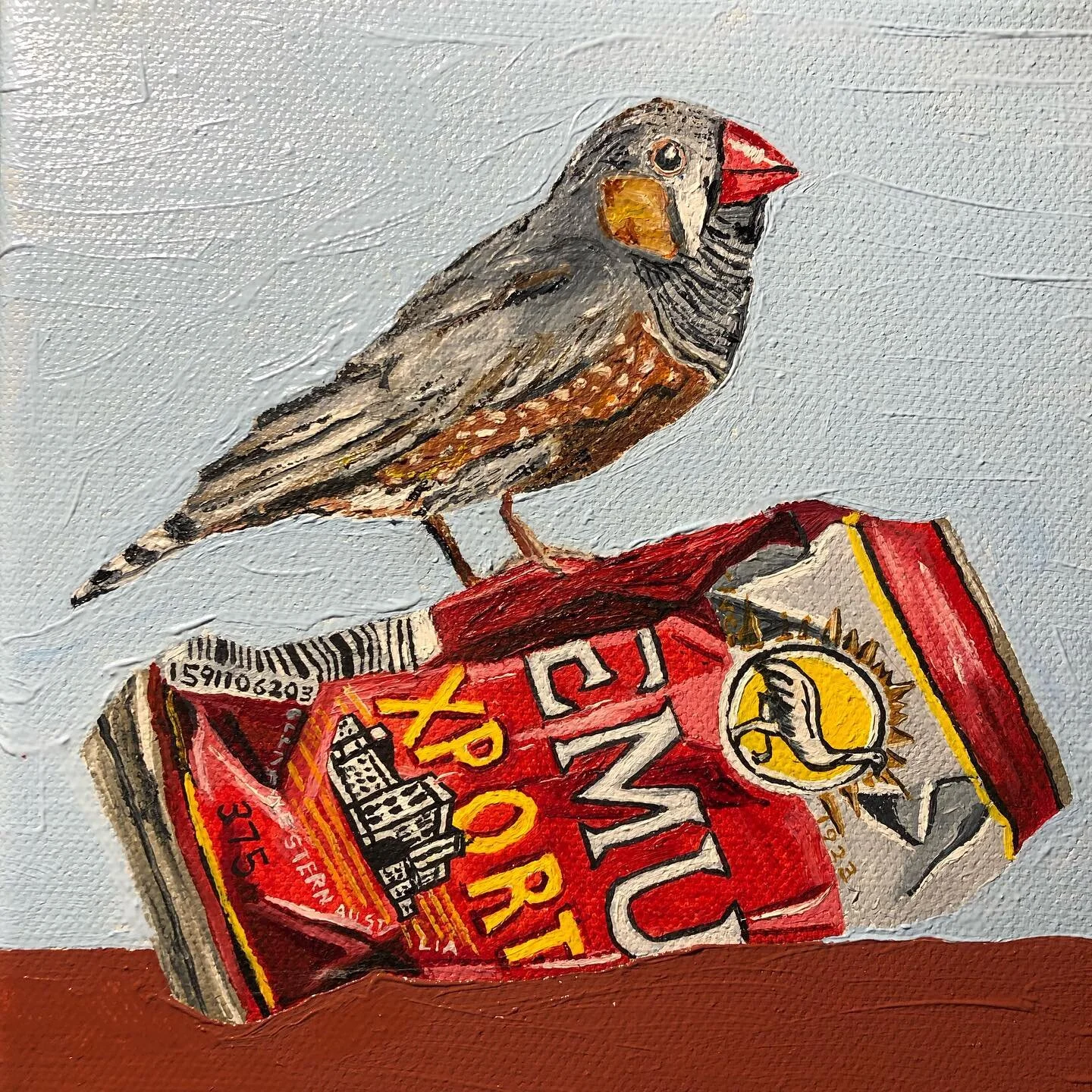 An adorable, chubby little zebra finch on an Emu. Oil on canvas, 6x6 inches.