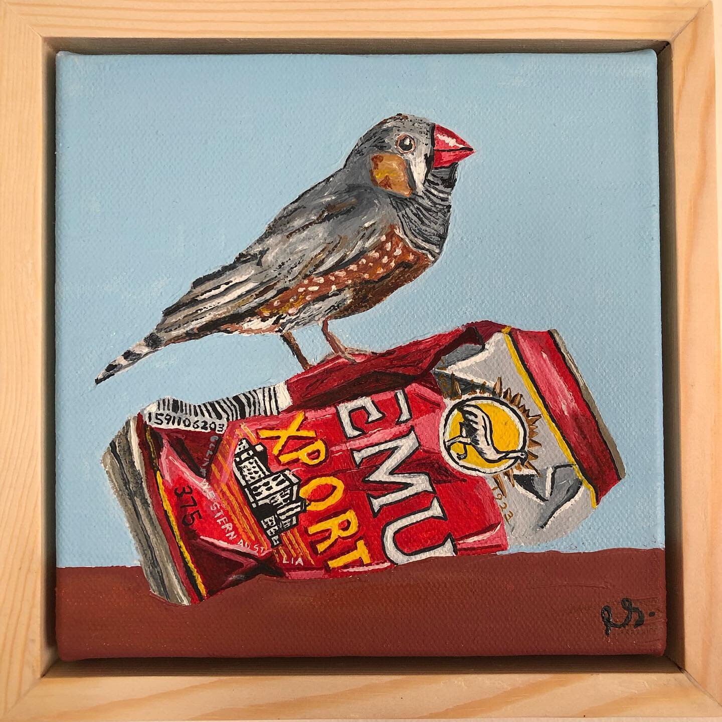 A zebra finch and an Emu. Framed &amp; ready to go! 6x6 inches, oil on canvas.