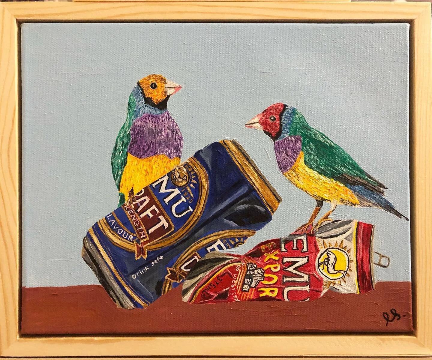 Two Emus, two gouldian finches. Ready to go 🖼 . 10x8 inches, oil on canvas.