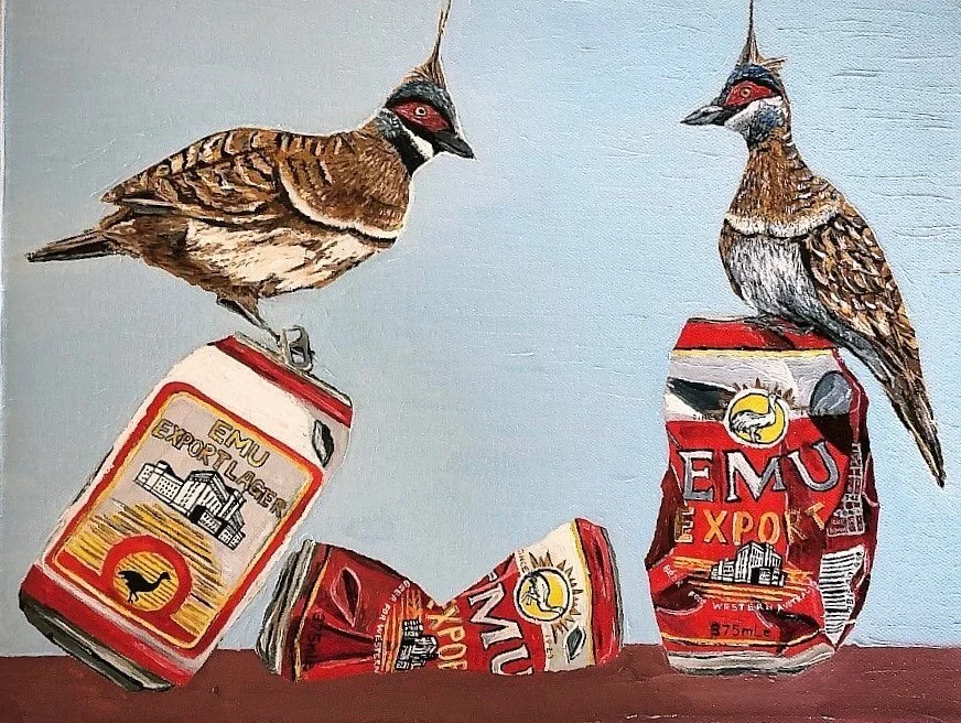 Three Emus, two spinifex pigeons. 36 x 28 cm. Oil on canvas. Thought I&rsquo;d never finish anything again, at the rate I&rsquo;ve been going! 🐌 🐌 🐌 
.
Available in about a month once it&rsquo;s dry, then more paint needs to go on, then that has t