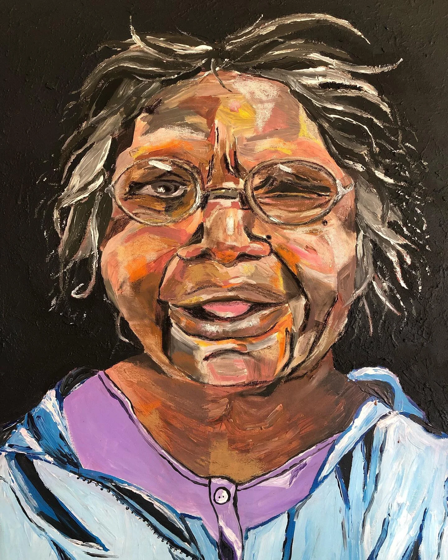 Portrait of Queenie Malgil. &ldquo;Everyone love me you know. Kartiyas (whitefellas) love me too. People lub me because I&rsquo;m not bossy and I don&rsquo;t swear&rdquo;. 😂 ❤️👑. I sure love you, Queenie. Acrylic, charcoal, pastel, dirt &amp; glue 