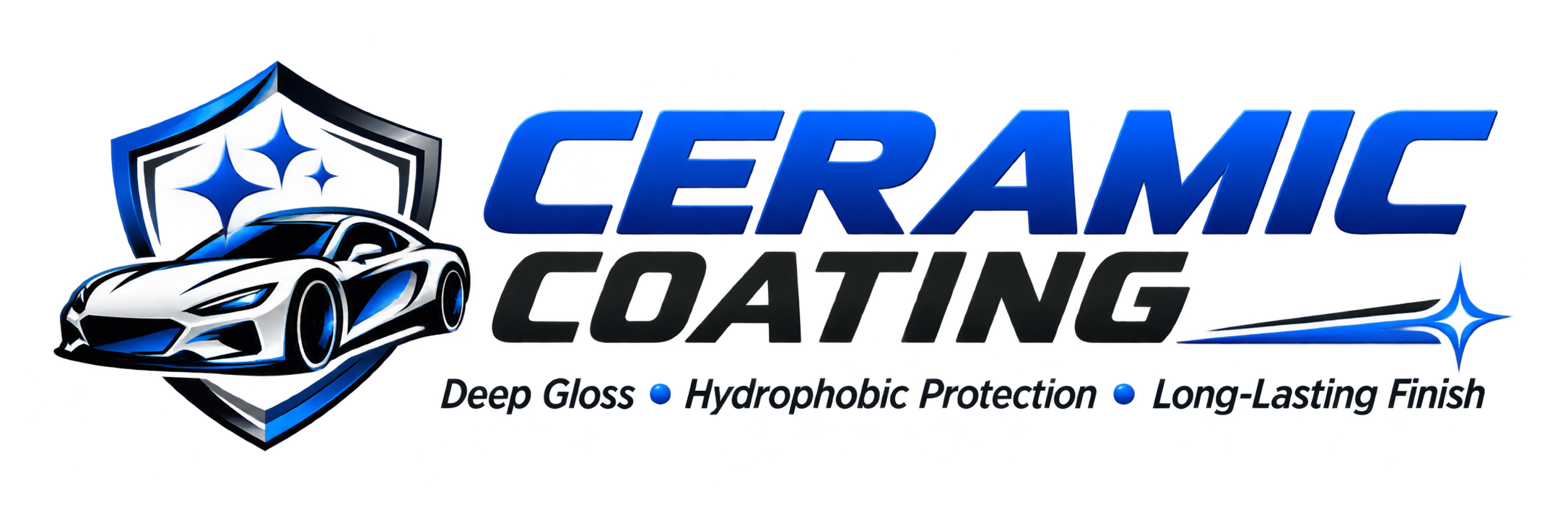 Logo of Ceramic Coating with a stylized sports car, shield emblem, and text highlighting benefits like deep gloss, hydrophobic protection, and long-lasting finish.