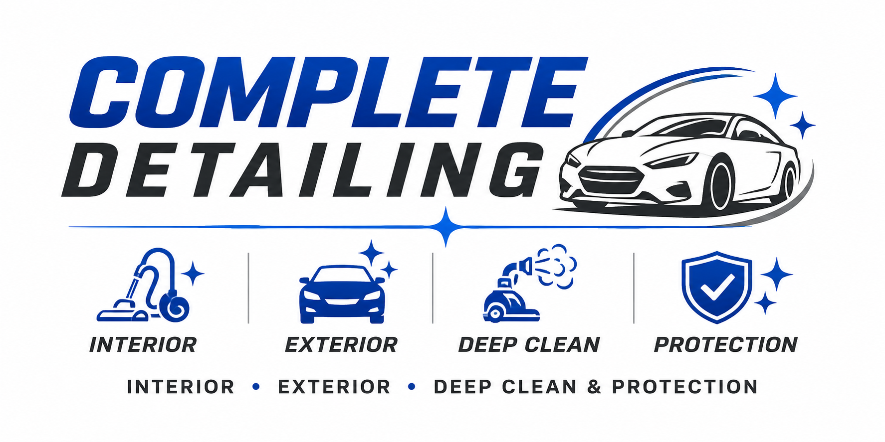Graphic displaying car detailing services including interior, exterior, deep clean, and protection with icons representing each service and a sleek car illustration.