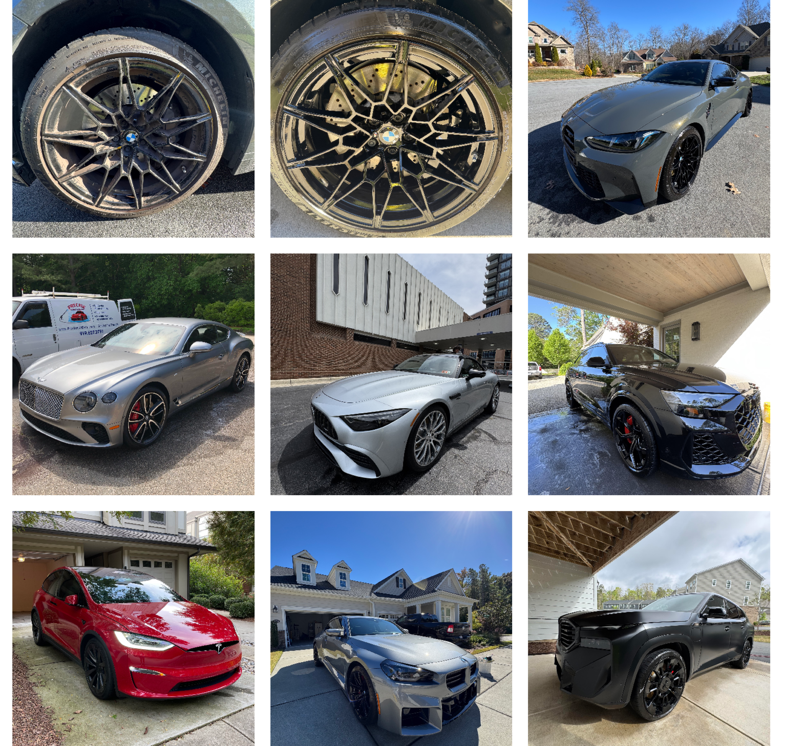 A collage of nine images featuring different cars parked in various locations. Top row includes close-up shots of car wheels and a gray coupe, middle row shows a silver luxury coupe, a white sports car, and a black sports SUV, and the bottom row has a red Tesla Model S, a silver sedan, and a black sports SUV, with background views of houses and outdoor scenes.