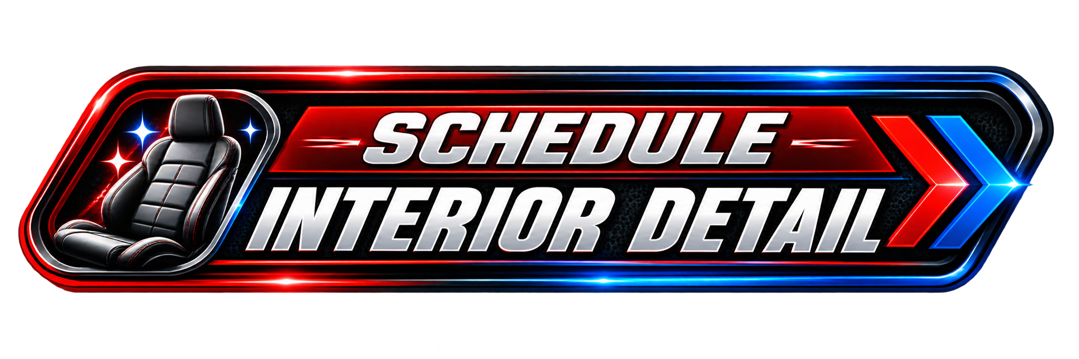 A graphic design featuring a black car seat with red stitching and sparkles, alongside bold text reading 'Schedule Interior Detail' with a red and blue neon border.
