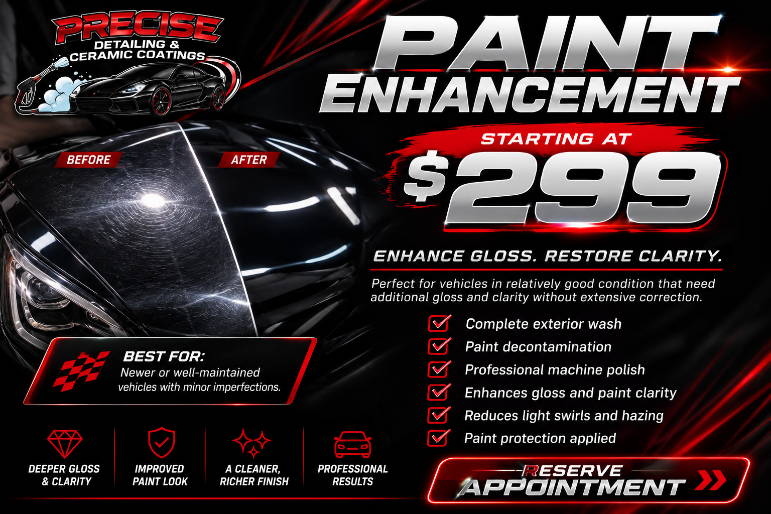 Advertisement for paint enhancement service showing a comparison of a car's front with scratched and glossy paint, promotional price starting at $299, and a checklist of service features, with a logo, car illustration, and call to action button.