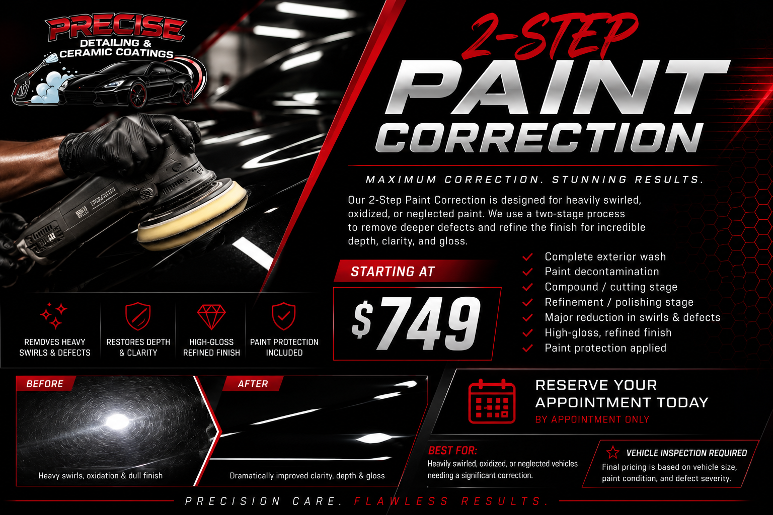 Advertisement for a 2-step paint correction service for cars, featuring a close-up of a person polishing a black car with a machine polisher. The ad highlights benefits like heavy swirl removal, clarity restoration, high-gloss finish, and paint protection, with prices starting at $749. It includes before and after images showing improved car paint.