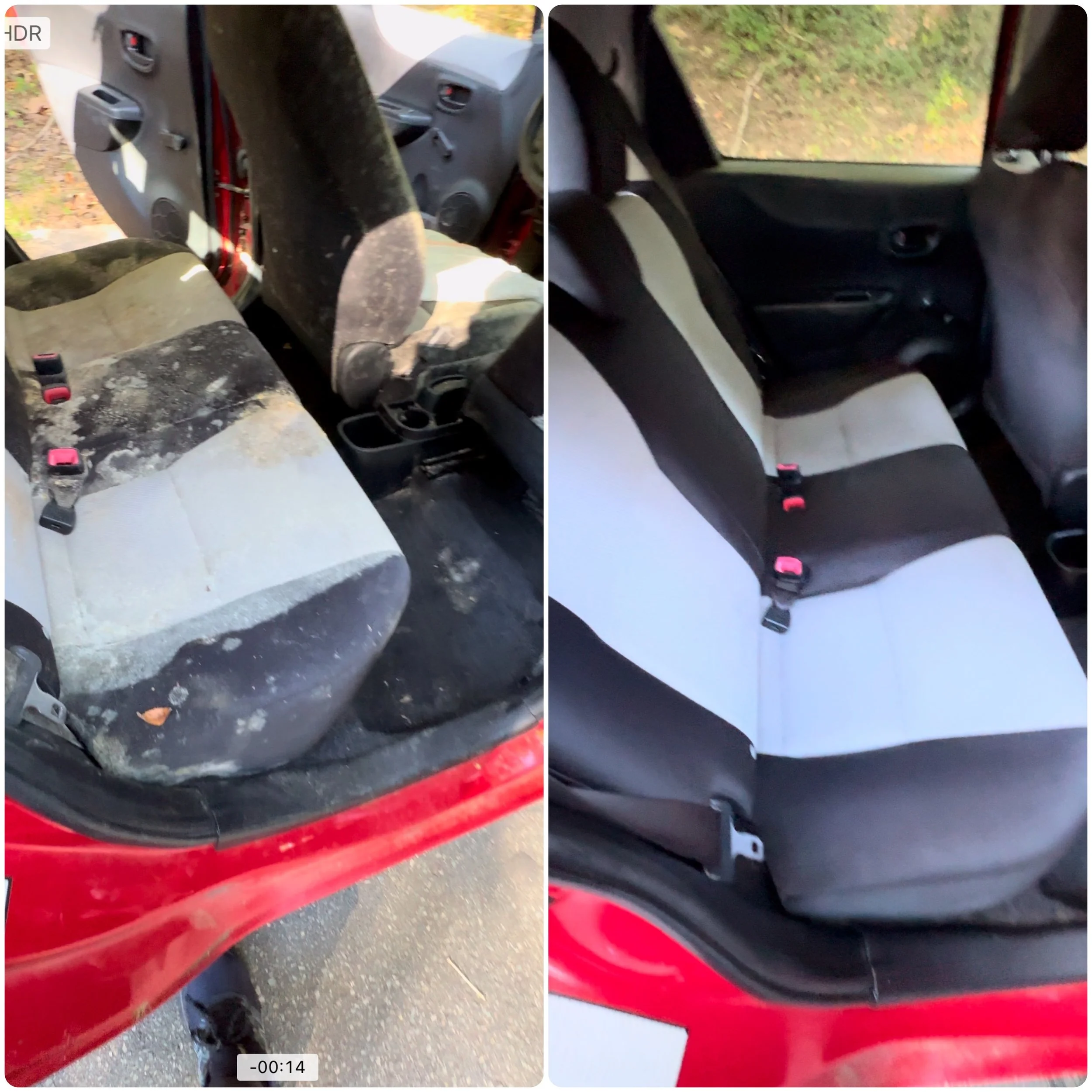 Comparison of dirty, worn car interior on the left and clean, refreshed interior on the right. Both images show the back seat area of the same red vehicle, with the left side featuring dust, stains, and dirt, and the right side showing a clean, tidy seat with a two-tone color scheme.