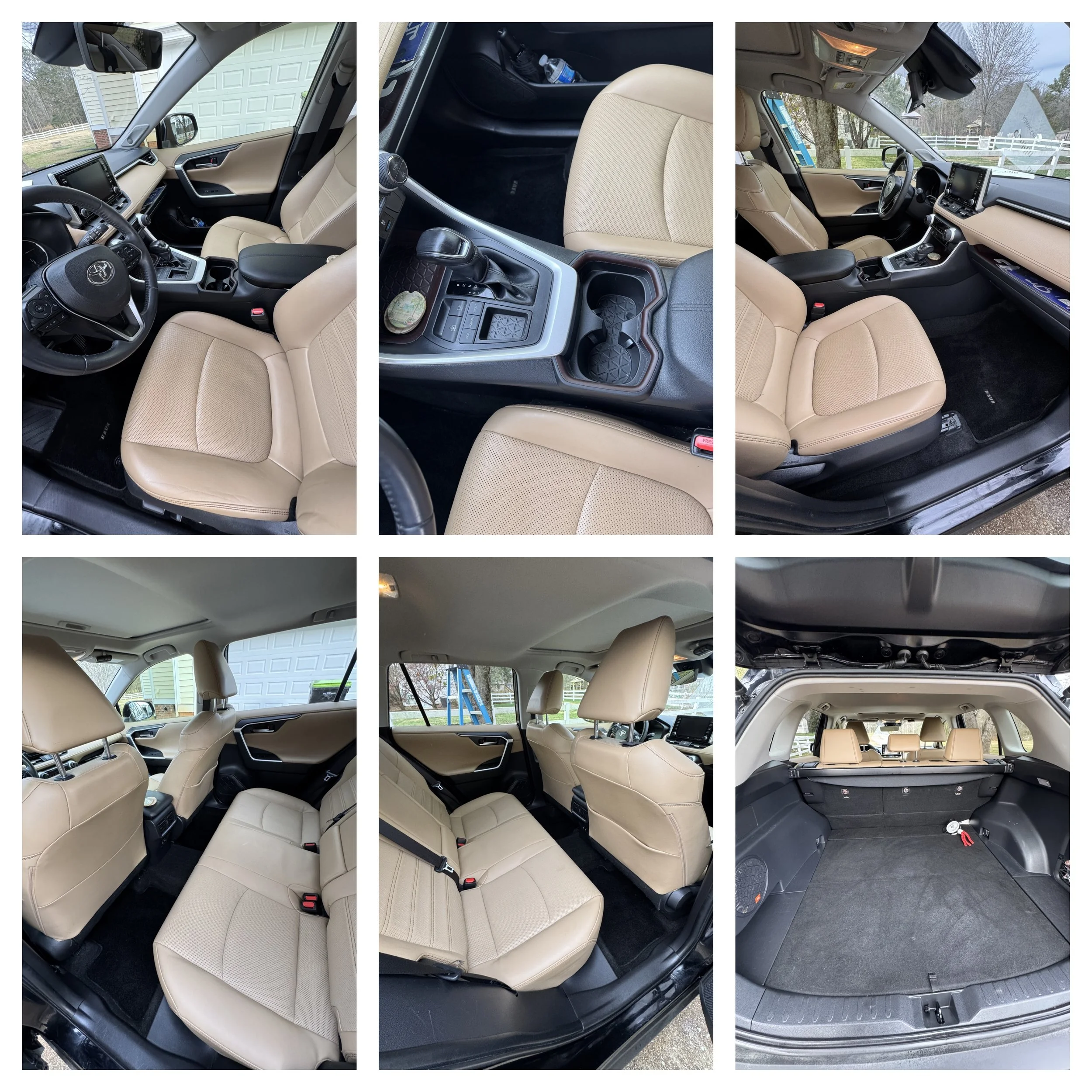 Six images of a beige interior car, showcasing the front and back seats, dashboard, center console, and trunk space with beige upholstery and black accents.