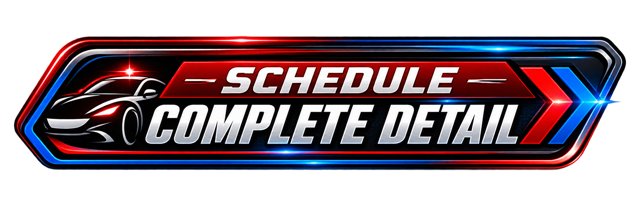 Logo with a stylized race car and the text 'SCHEDULE COMPLETE DETAIL' in bold, metallic letters, surrounded by red, blue, and white neon lights.