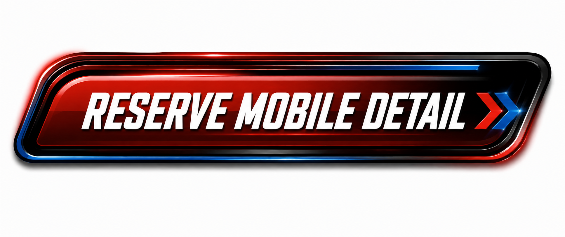 A digital graphic button with red, black, and blue accents that says 'RESERVE MOBILE DETAIL' with arrow icons.
