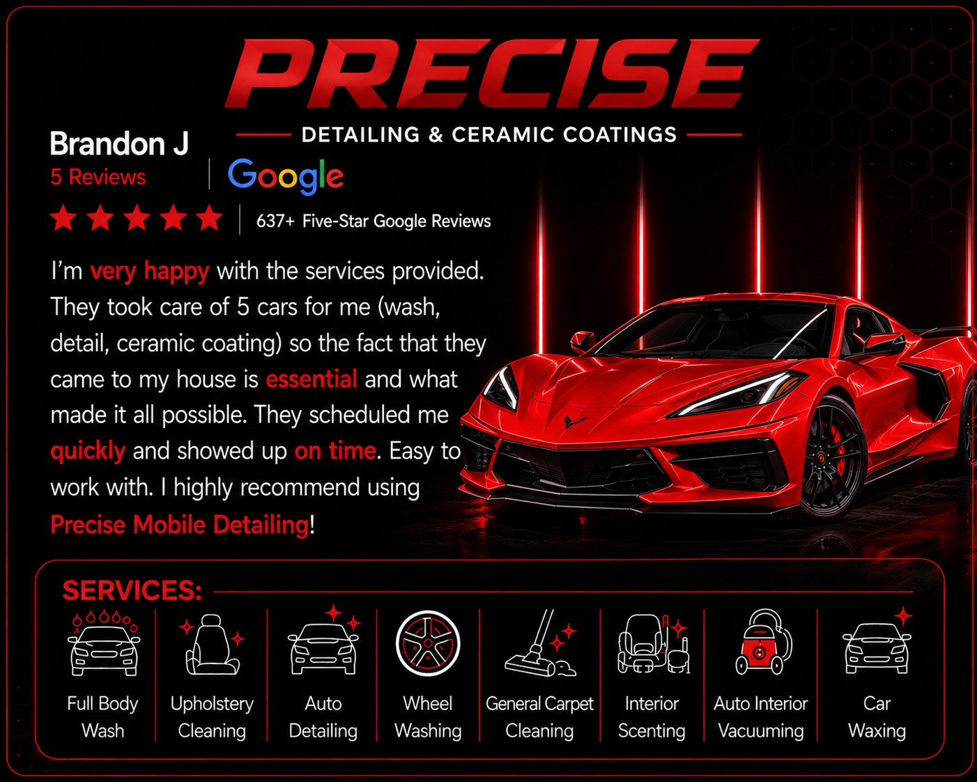 Promotional graphic for a mobile detailing service called Precise, featuring a red sports car, customer review, and list of services including full body wash, upholstery cleaning, auto detailing, wheel washing, general carpet cleaning, interior scenting, auto interior vacuuming, and car waxing.