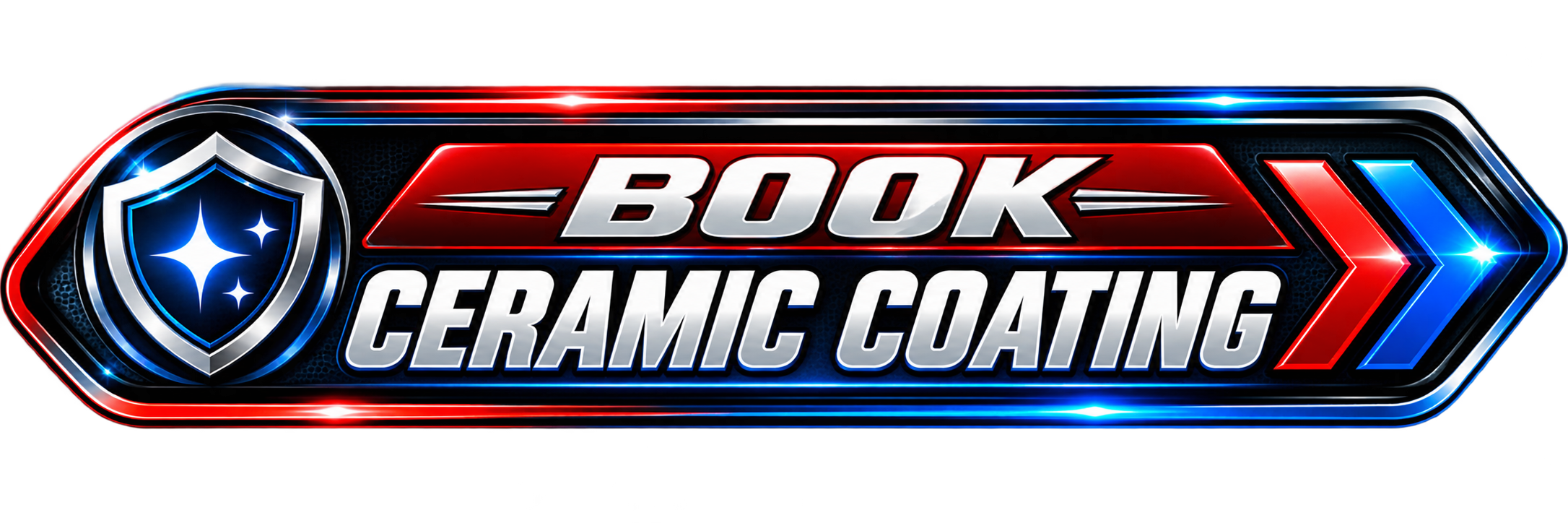 A futuristic design with a shield and star emblem on the left, featuring glowing red, blue, and silver accents. Text in the center reads 'Book Ceramic Coating' in bold, metallic letters.