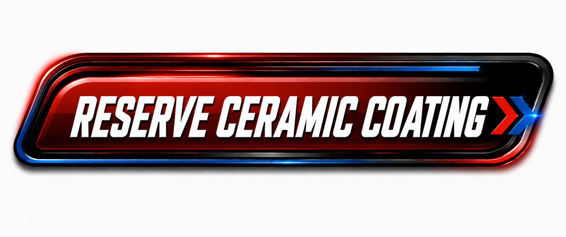 A digital sign with a red background and blue accents displaying the text "Reserve Ceramic Coating" in bold white letters, with a sleek modern design.