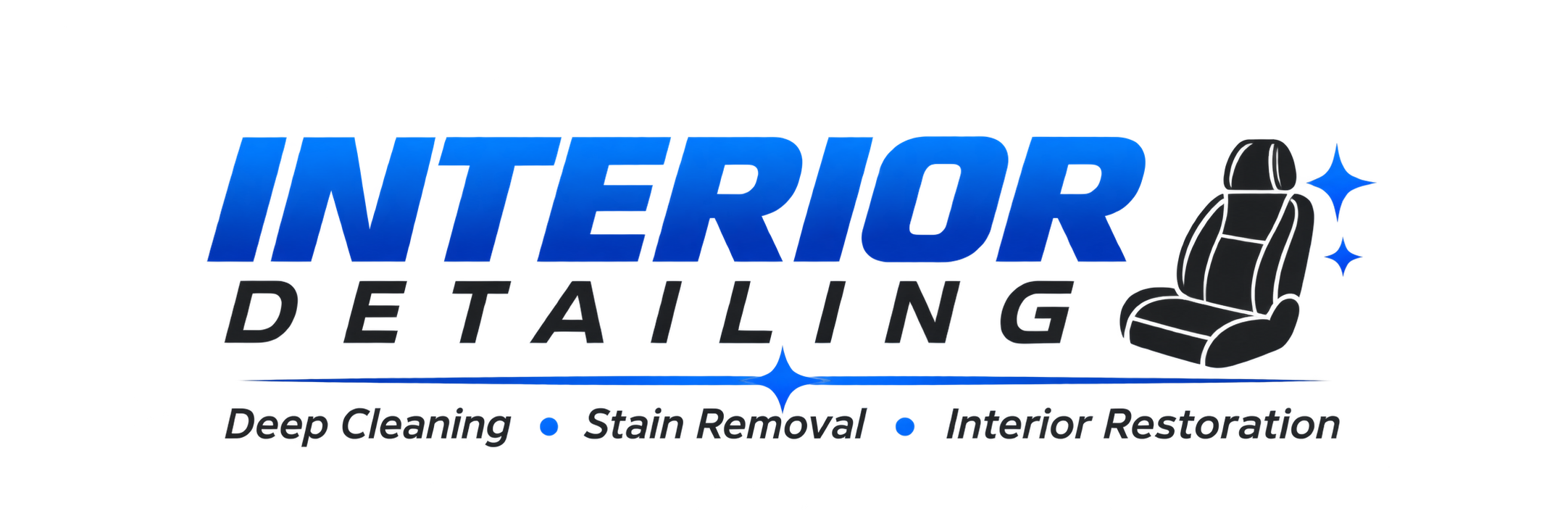 Interior Detailing logo with the words "Interior Detailing" in blue and black text, a car seat illustration, and tagline "Deep Cleaning, Stain Removal, Interior Restoration."