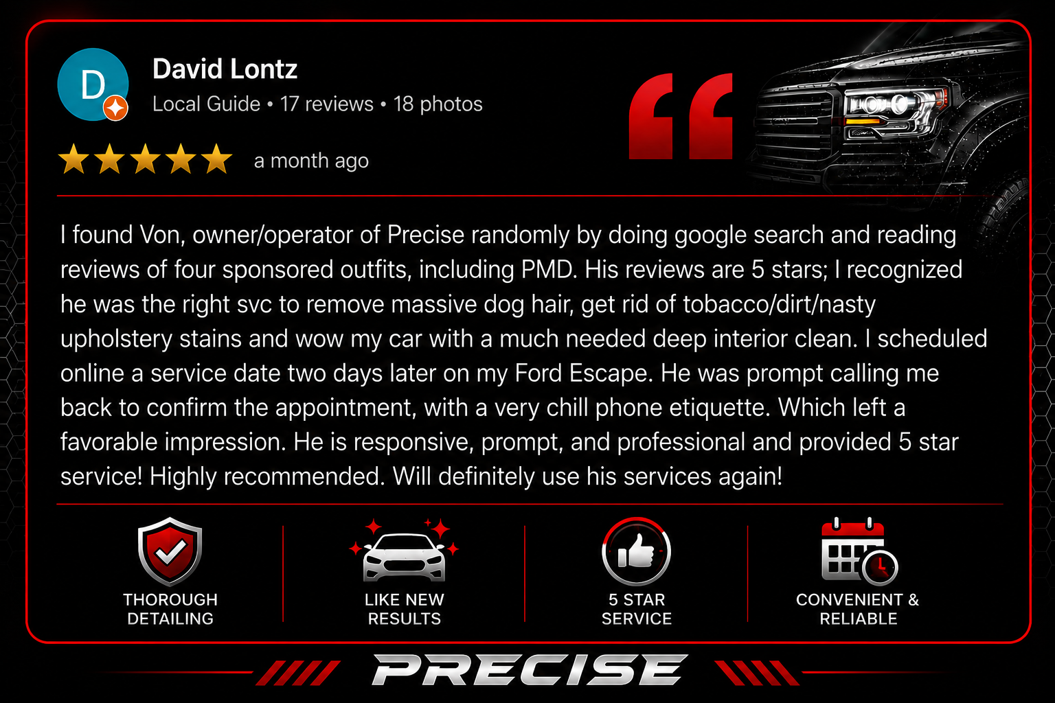 Online review for Dave Lontz, a local guide, rated 5 stars with a detailed positive testimonial about car detailing services, highlighting thorough detailing, like new results, 5 star service, and reliability, accompanied by icons representing these qualities.