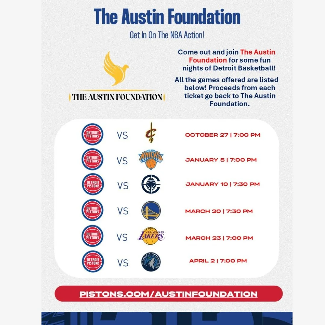 DEEEEEEEEEEETROIT BASKETBALL! 
We&rsquo;re kicking off the season October 27 at Little Caesars Arena as the Pistons take on the Cavs and we want you there 

Every ticket bought through The Austin Foundation link supports our programs in adulthood, li