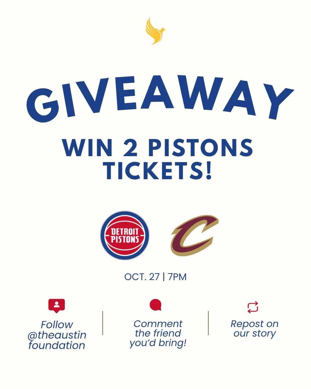 We&rsquo;re giving away 2 tickets to the Detroit Pistons vs. Cleveland Cavaliers game on October 27 at 7PM! 

Here&rsquo;s how to enter:
1️⃣ Follow @theaustinfoundation
2️⃣ Comment the friend you&rsquo;d bring 
3️⃣ Repost this flyer to your story for