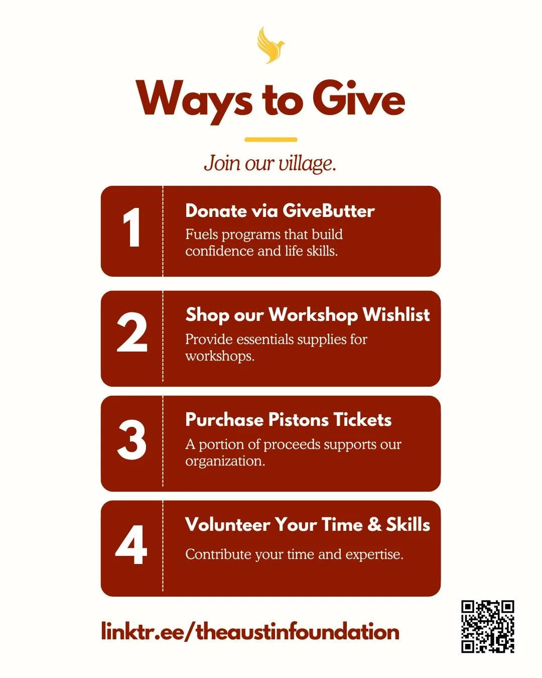 There&rsquo;s still time to give.

Over 200 youth reached and we&rsquo;re just getting started. Every gift, big or small, helps us grow a village that empowers futures.

Scan the code or visit https://linktr.ee/theaustinfoundation to join us today. W